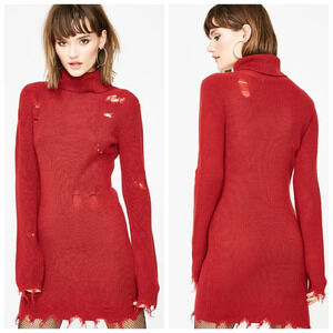 Signature8 Wool Blend Turtleneck Destroyed Fringe Knit Sweater Dress Red  Small